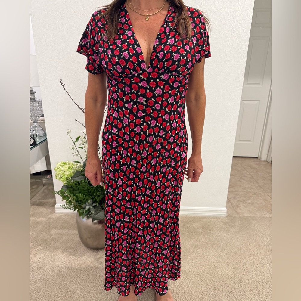 Zara Blue and Red Sheath Maxi Dress with Flutter Sleeves